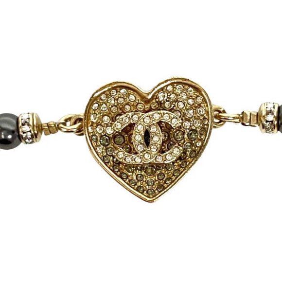 CHANEL CC Logo Rhinestone Black Heart Bracelet 8.2" Gold Tone Auth w/Box D-2300 - Picture 6 of 8
